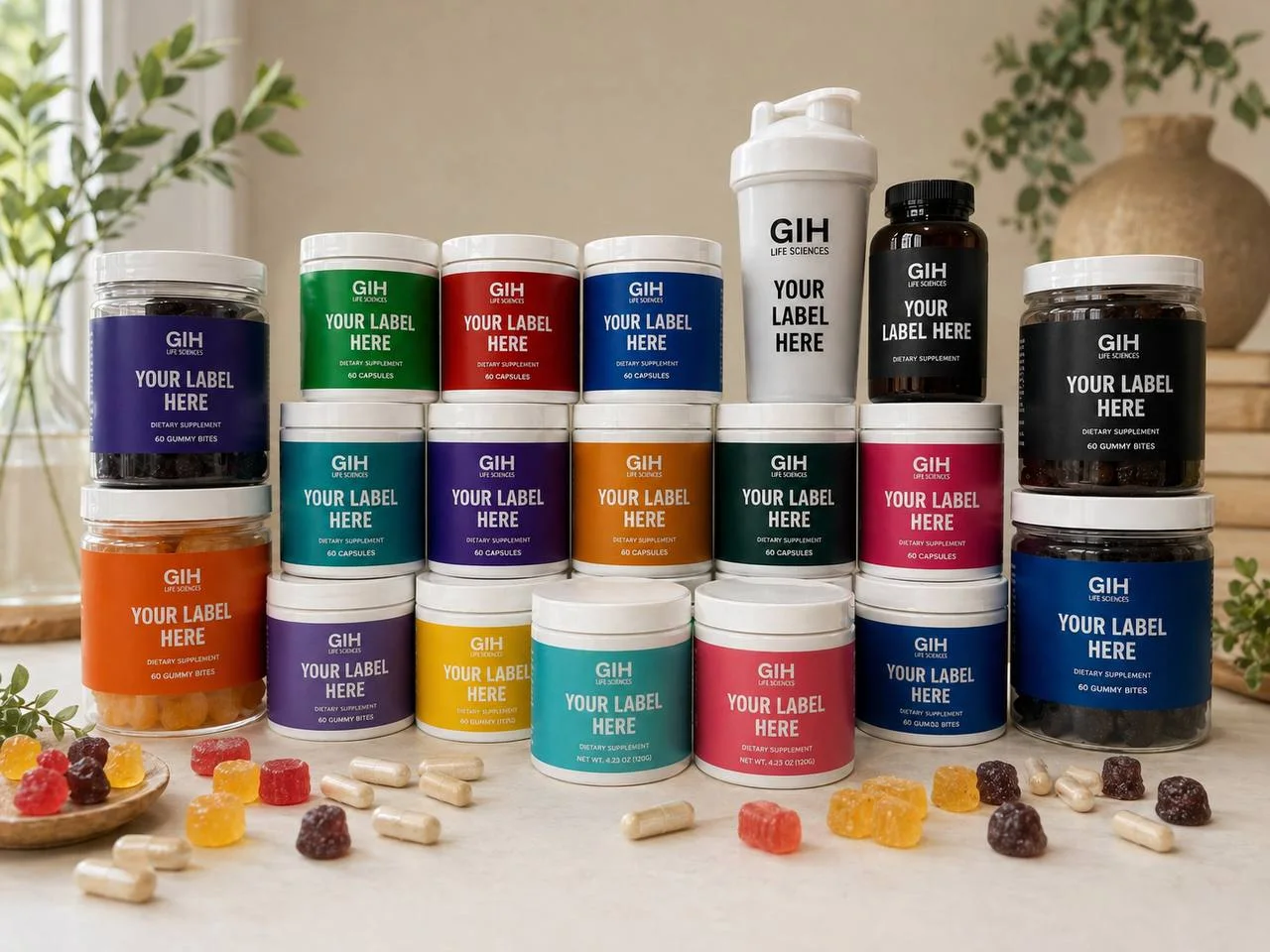 GIH Life Sciences private label supplement product lineup with bottles and retail-ready packaging